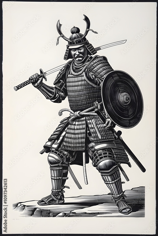 Obraz premium Samurai Valor: Bold Monochrome Art of a Warrior