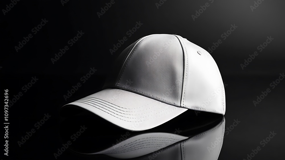 A single white baseball cap rests on a dark surface A single white baseball cap rests on a dark surface