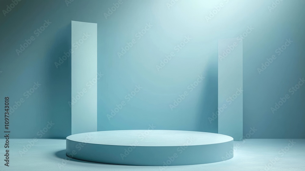 Minimalist Blue Cylindrical Platform with Two Vertical Panels Minimalist Blue Cylindrical Platform with Two Vertical Panels