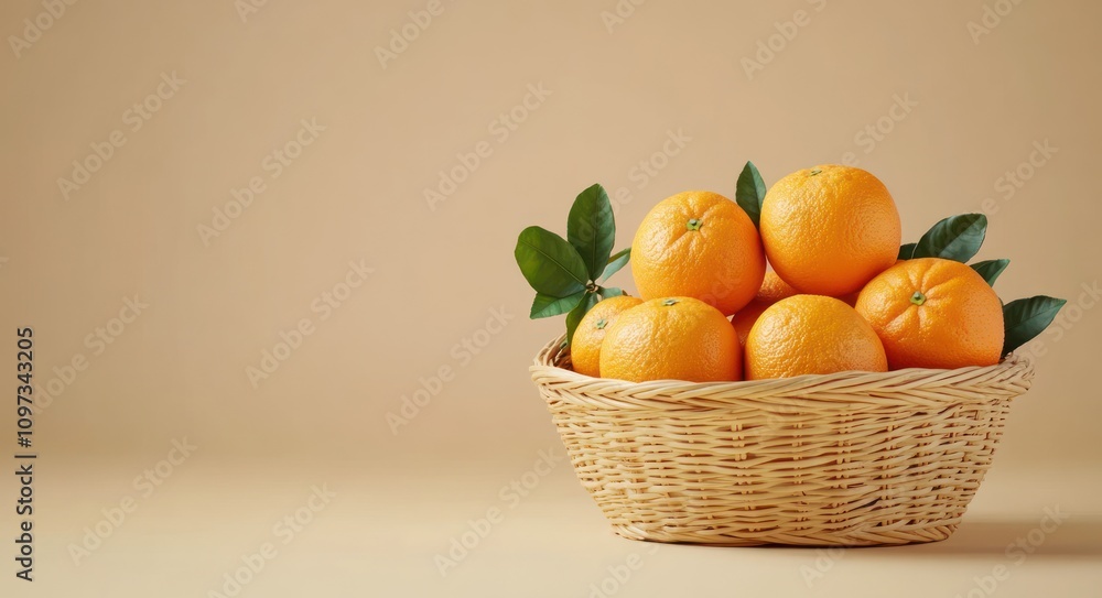 A woven basket filled with fresh oranges and green leaves against a beige background. A woven basket filled with fresh oranges and green leaves against a beige background.