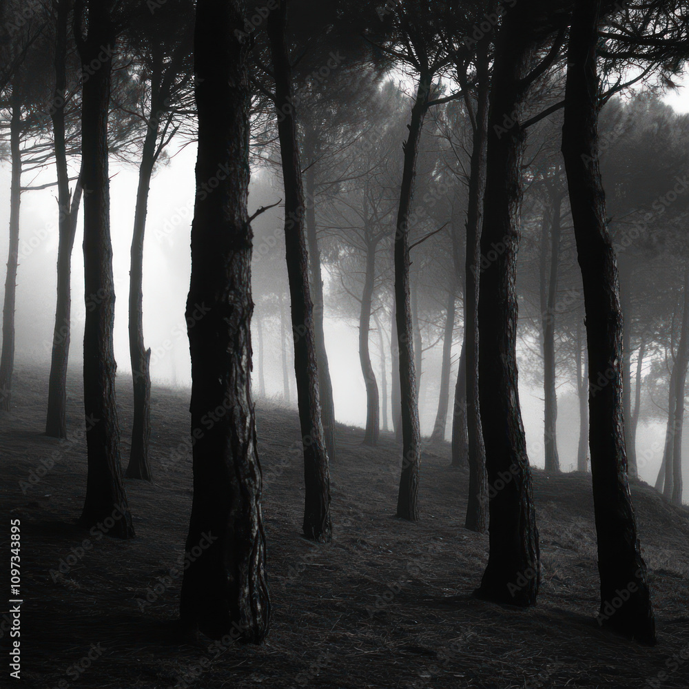 Obraz premium A monochrome photograph of a forest shrouded in thick fog creates an atmosphere of mystery and solitude. 
