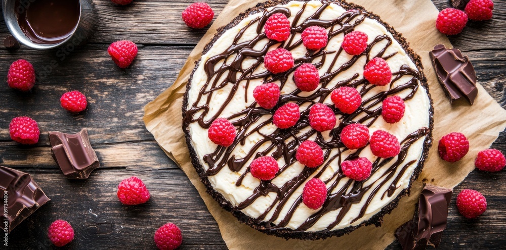 A delicious chocolate raspberry cheesecake topped with fresh raspberries and drizzled chocolate. A delicious chocolate raspberry cheesecake topped with fresh raspberries and drizzled chocolate.