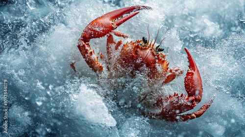 Crab emerges from icy waters showcasing its vibrant red coloration and natural habitat photo