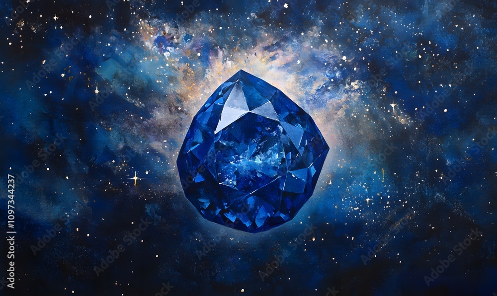 A large, faceted sapphire floats in a nebula. A large, faceted sapphire floats in a nebula.