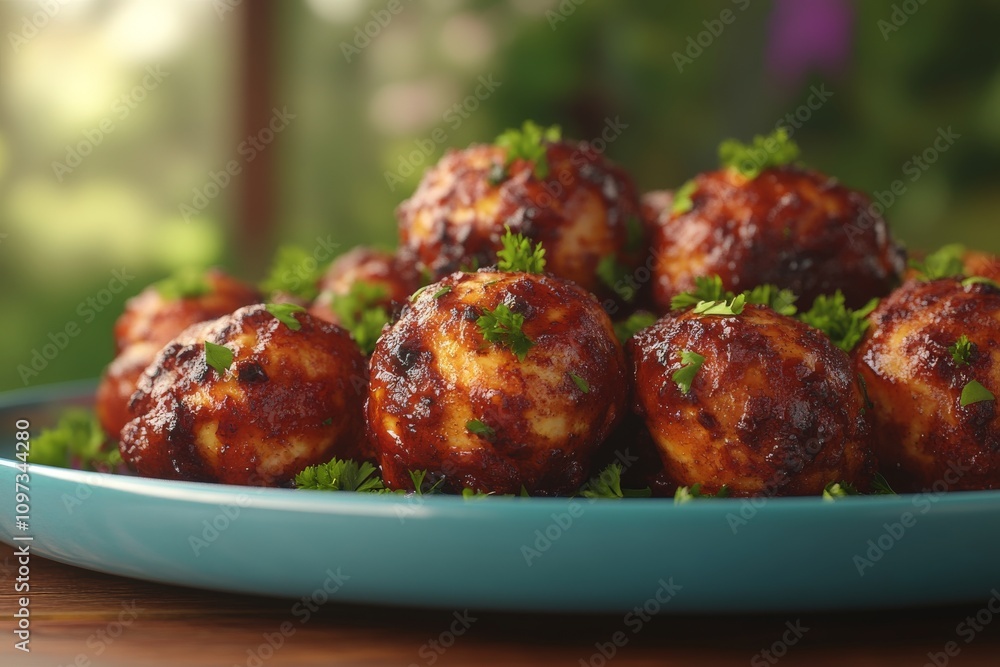 Juicy meatballs garnished with parsley served in a rustic bowl with natural outdoor lighting for homestyle comfort food stock photography Juicy meatballs garnished with parsley served in a rustic bowl with natural outdoor lighting for homestyle comfort food stock photography