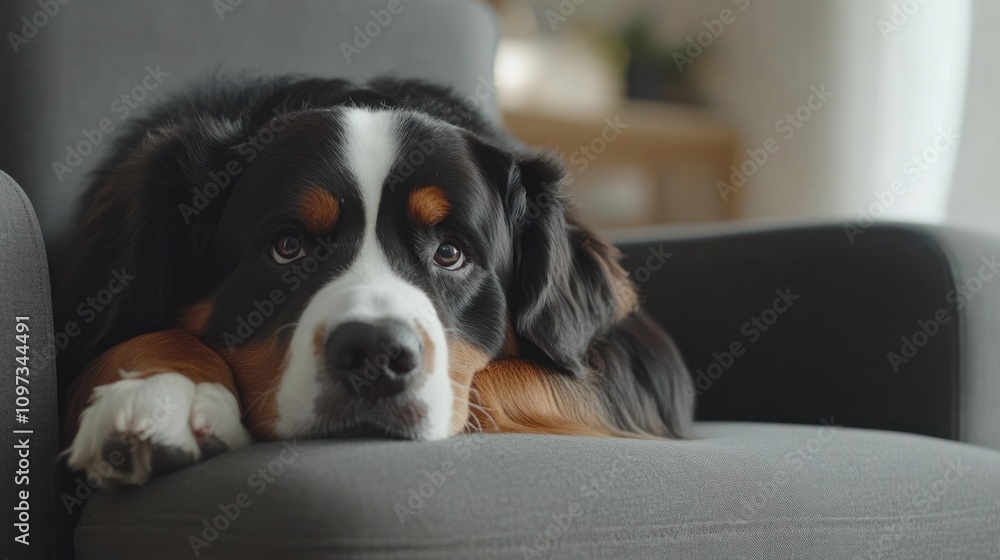 A relaxed dog resting on a gray armchair, exuding a calm and cozy atmosphere. A relaxed dog resting on a gray armchair, exuding a calm and cozy atmosphere.