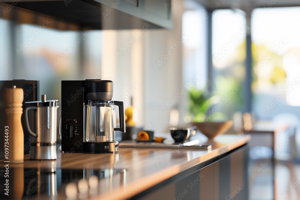 Modern kitchen countertop with coffee maker, grinder, and utensils. Modern kitchen countertop with coffee maker, grinder, and utensils.