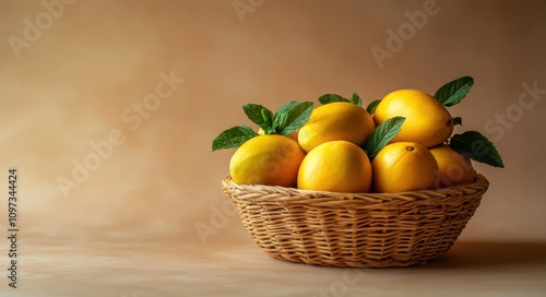 A woven basket filled with ripe lemons and fresh green leaves against a soft background.