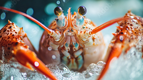 Close-up of a colorful lobster resting in water bubbles photo