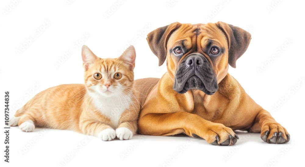 A friendly dog and cat lying together, showcasing companionship. A friendly dog and cat lying together, showcasing companionship.