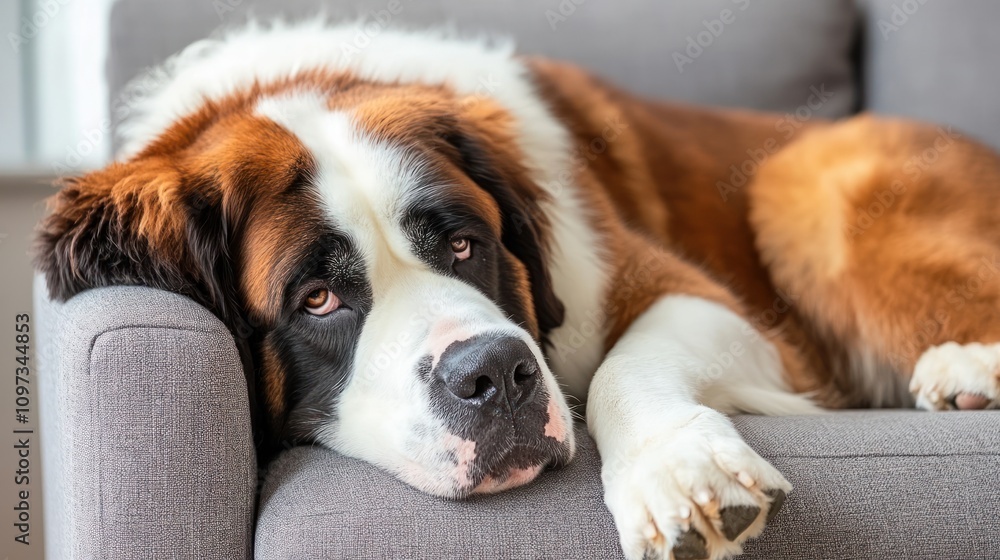 A relaxed Saint Bernard dog resting on a gray couch, exuding calm and comfort. A relaxed Saint Bernard dog resting on a gray couch, exuding calm and comfort.