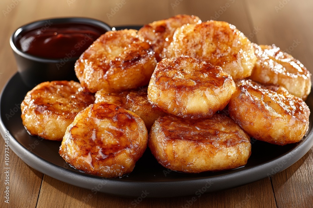 Crispy onion rings glazed with tangy barbecue sauce served on a black plate highlighted with warm lighting and rich textures for a bold comfort food presentation Crispy onion rings glazed with tangy barbecue sauce served on a black plate highlighted with warm lighting and rich textures for a bold comfort food presentation