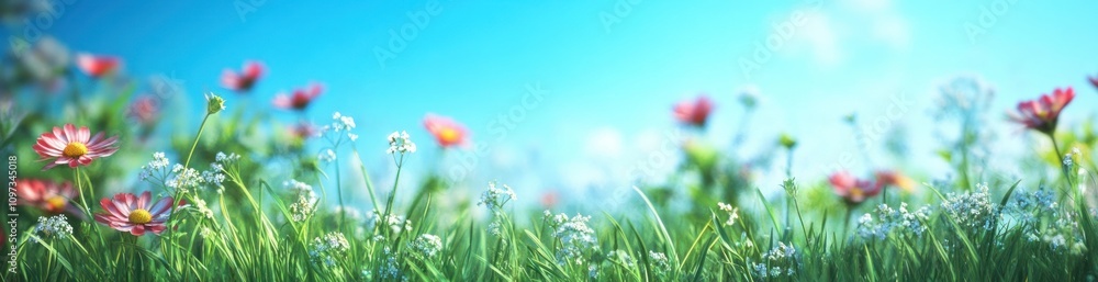 A vibrant field of flowers under a clear blue sky, evoking a sense of tranquility. A vibrant field of flowers under a clear blue sky, evoking a sense of tranquility.
