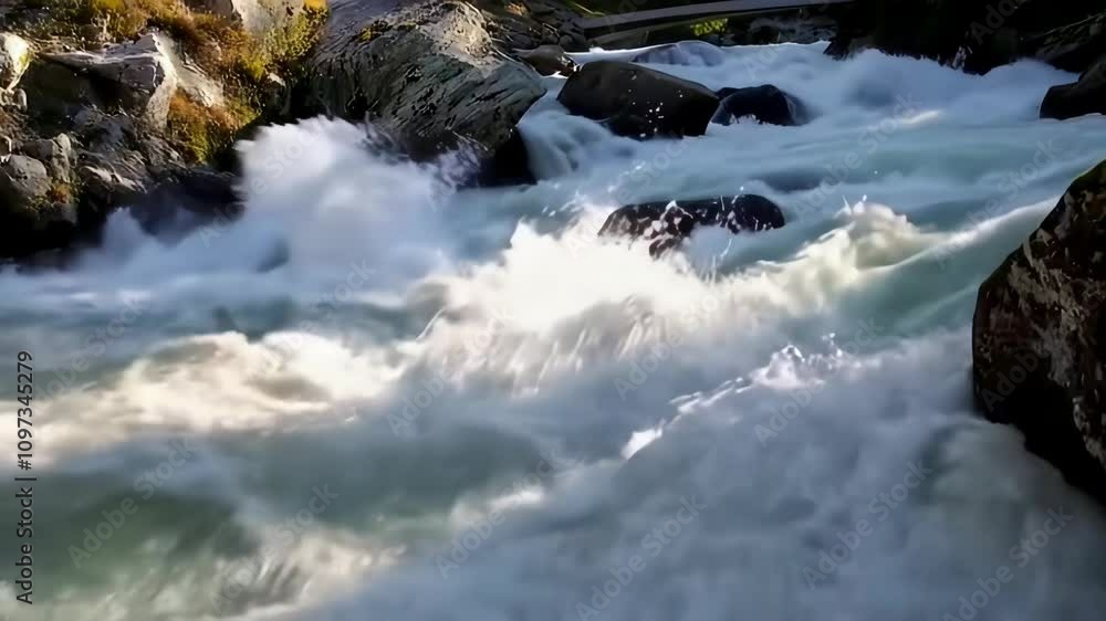 A rushing river flows over rocks in a natural landscape.