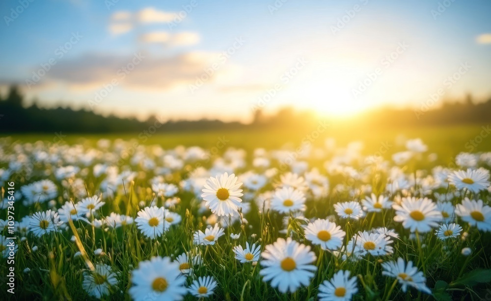 Obraz premium A sunlit field of daisies under a bright sky, evoking peace and natural beauty.