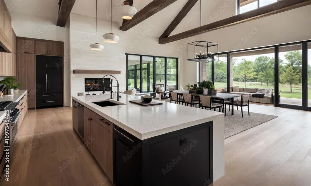 Modern Open-Concept Kitchen and Dining Area with Large Windows and Wooden Beams Modern Open-Concept Kitchen and Dining Area with Large Windows and Wooden Beams