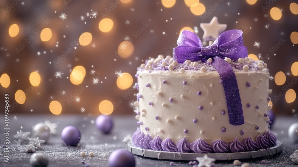 A beautifully decorated cake with purple accents, set against a festive, blurred background. A beautifully decorated cake with purple accents, set against a festive, blurred background.