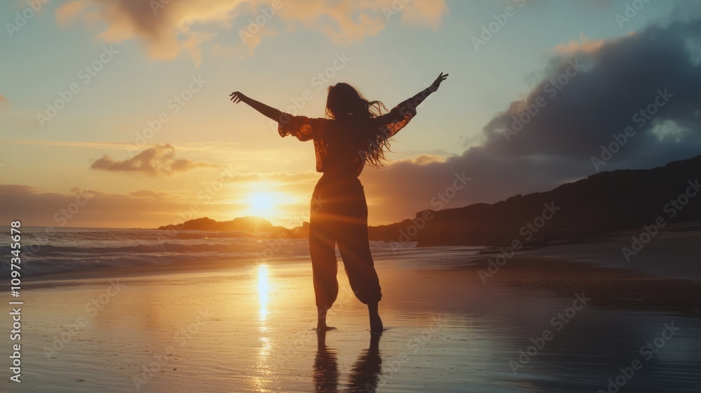 Fototapeta premium Woman silhouetted at sunset beach, arms outstretched.