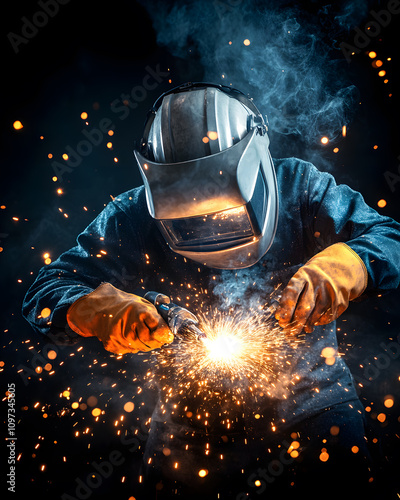 worker while doing a welding with arc welder welding or welding Sparks for background, Backdrop and manufacturing.