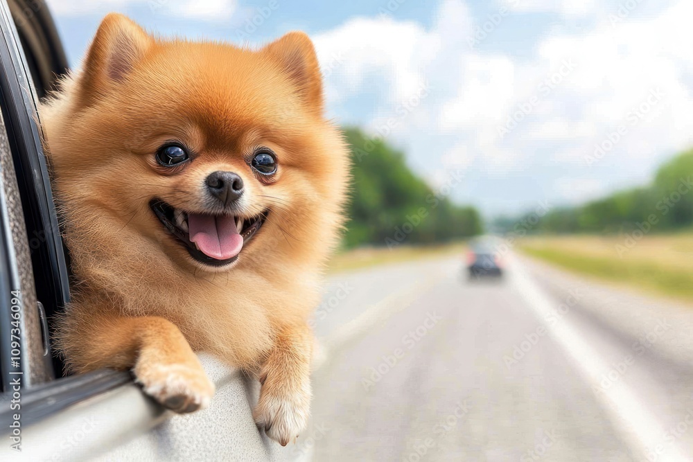 A happy Pomeranian leans out of a car window on a sunny day. A happy Pomeranian leans out of a car window on a sunny day.