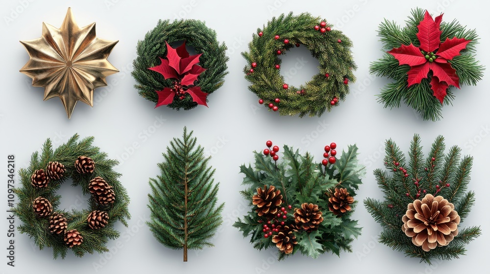 A set of various popular Christmas item including Christmas wreaths, golden stars, and holiday cards positioned individually with sharp, clear edges, making them ideal for design and creative A set of various popular Christmas item including Christmas wreaths, golden stars, and holiday cards positioned individually with sharp, clear edges, making them ideal for design and creative
