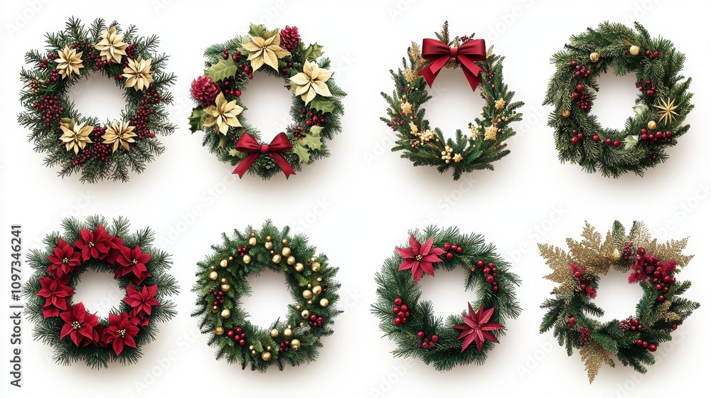 A set of various popular Christmas item including Christmas wreaths, golden stars, and holiday cards positioned individually with sharp, clear edges, making them ideal for design and creative A set of various popular Christmas item including Christmas wreaths, golden stars, and holiday cards positioned individually with sharp, clear edges, making them ideal for design and creative