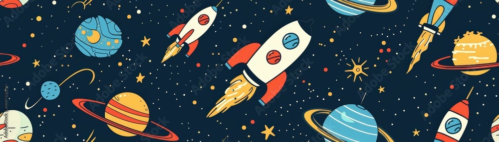 A whimsical space-themed illustration featuring colorful rockets, planets, and stars against a dark background. A whimsical space-themed illustration featuring colorful rockets, planets, and stars against a dark background.