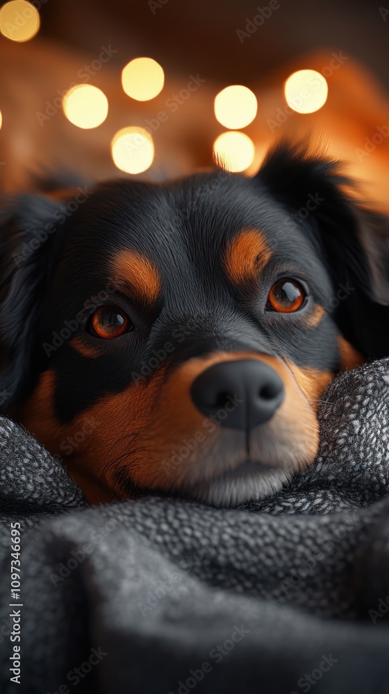 Dog Resting Comfortably Under Blanket With Lights Dog Resting Comfortably Under Blanket With Lights