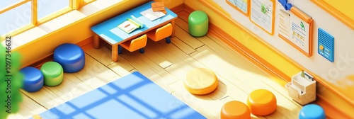 A colorful classroom with a desk, chairs, and seating areas for learning and activities.