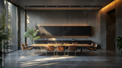 Wallpaper Mural  industrial-style meeting room with a long wooden table and leather chairs, grey walls, a concrete floor, black wood cabinets on the wall, natural light from a window,  Torontodigital.ca