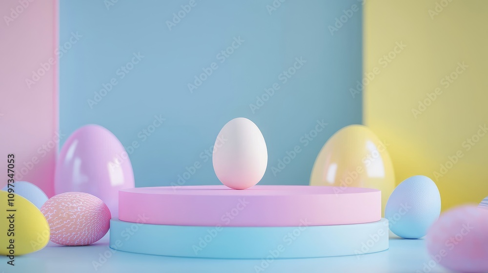 White Easter Egg on a Pink and Blue Platform with Other Colorful Eggs White Easter Egg on a Pink and Blue Platform with Other Colorful Eggs