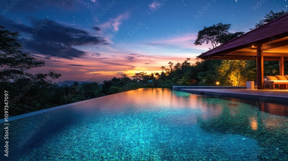 Fototapeta premium Luxury Infinity Pool at Sunset: Tropical Paradise Escape