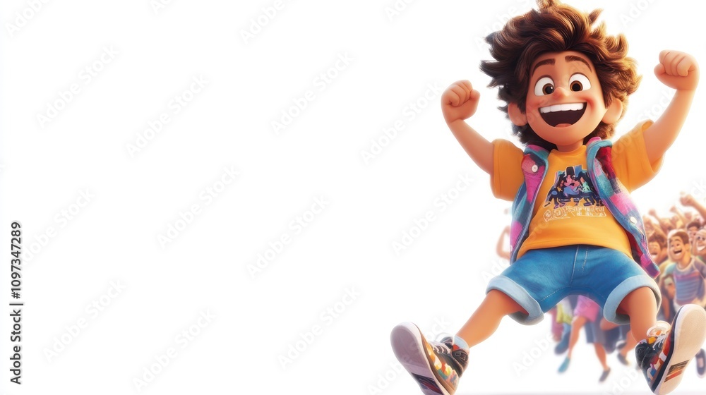 A joyful animated character celebrating with excitement and energy.