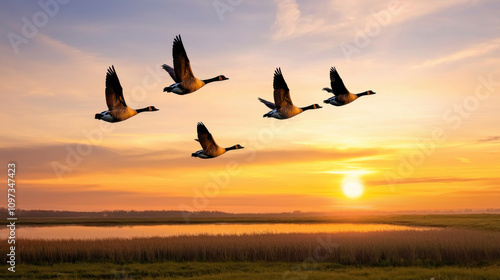 Fototapeta Naklejka Na Ścianę i Meble -  Flying geese at sunset over tranquil landscape create serene scene