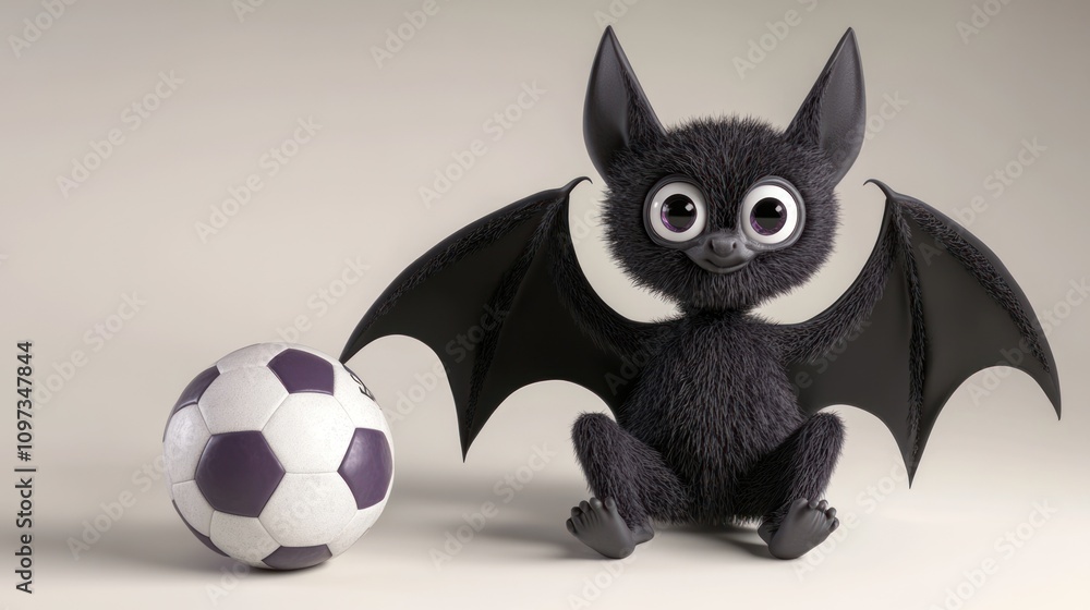 Fototapeta premium A cute cartoon bat character sitting next to a soccer ball, showcasing a playful design.