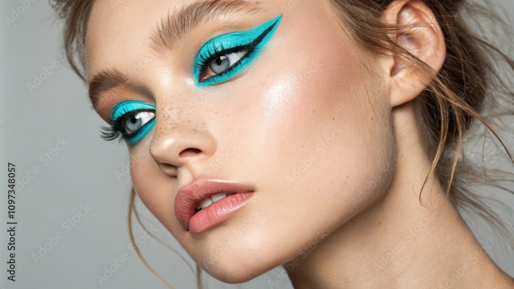 A whimsical image featuring bright turquoise eyeliner that outlines large expressive eyes. The turquoise eyeshadow softly serves as a base while the skin remains fresh and clean. A whimsical image featuring bright turquoise eyeliner that outlines large expressive eyes. The turquoise eyeshadow softly serves as a base while the skin remains fresh and clean.