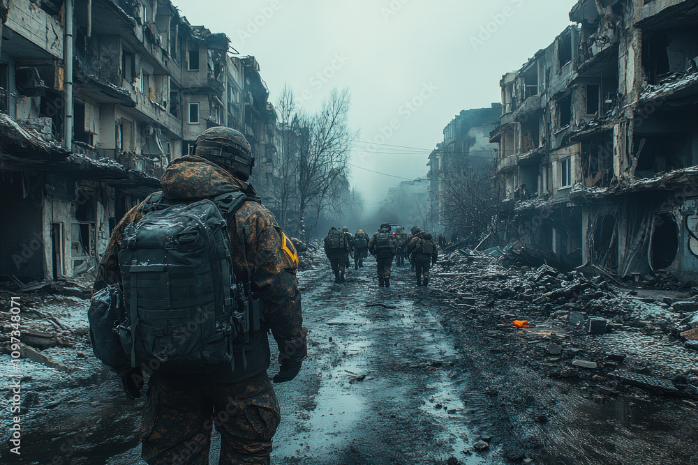 a group of soldiers in combat gear moving through a ruined city. a group of soldiers in combat gear moving through a ruined city.