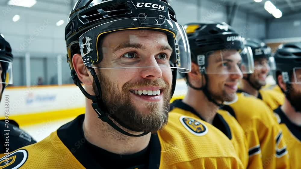 A hockey player smiles on the bench, showcasing team spirit and camaraderie. A hockey player smiles on the bench, showcasing team spirit and camaraderie.