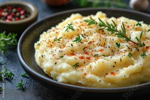 A close-up of a mouth-watering mashed potato garnished with fresh sprigs of thyme, ground pepper and paprika. 