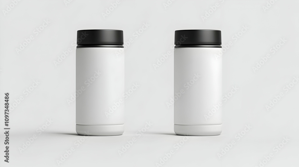 Two blank white cylindrical containers with black lids on a white background. Two blank white cylindrical containers with black lids on a white background.