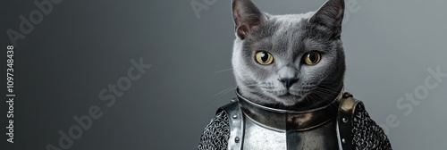 A cat dressed in knight armor, showcasing a whimsical blend of animals and medieval themes. photo