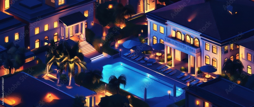 A serene nighttime view of a luxurious villa with a pool and landscaped gardens. A serene nighttime view of a luxurious villa with a pool and landscaped gardens.