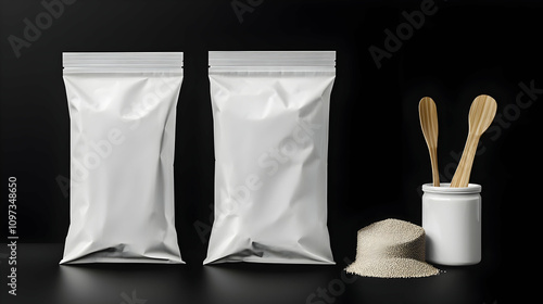 Two blank white stand-up pouches with a pile of powder and wooden spoons in a jar on a black background.