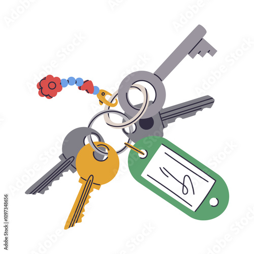 Cartoon bunch of keys. Real estate entrance locking keys with keyring and keychain flat vector illustration. House or apartment keys