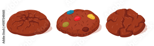 Cartoon chocolate cookies. Homemade crispy cookies with colorful dragee, tasty choco cookies flat vector illustration set. Sweet chocolate pastry on white