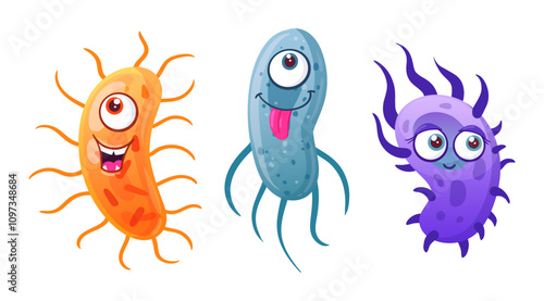 Cartoon germs characters. Funny bacteria, microbes and viruses with facial emotions flat vector illustration set. Cute microbes and viruses mascots