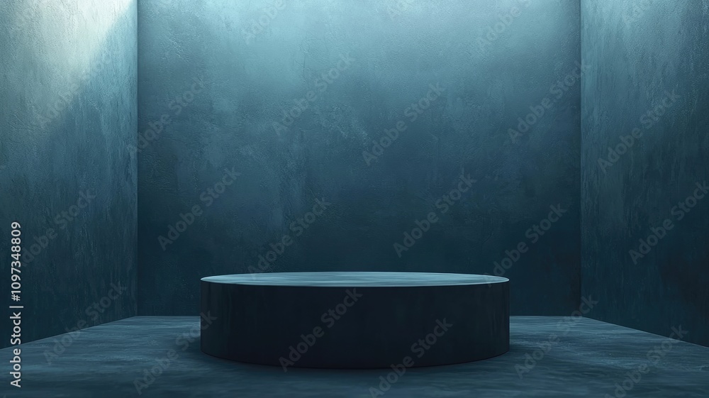 A single circular podium in a dark, textured room A single circular podium in a dark, textured room