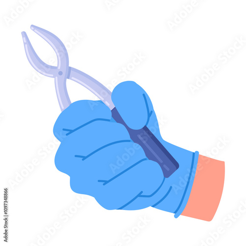 Doctor hand holding medical pliers. Medical worker hold professional tool, medical cutters in nurse hand flat vector illustration. Cartoon medical equipment in doctors hand