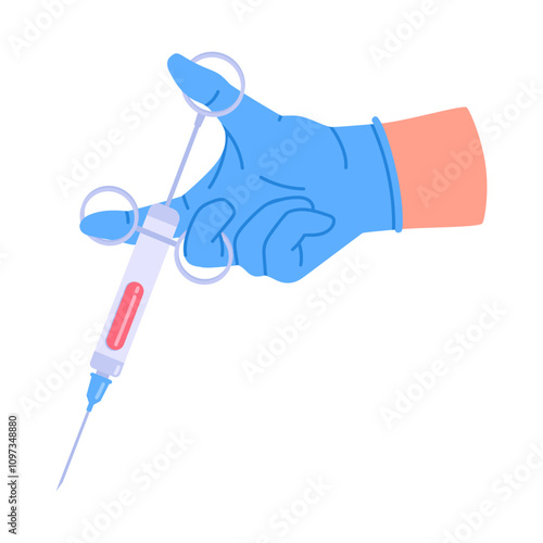 Doctor hand holding syringe. Nurse hand palm wearing rubber gloves with vaccinating syringe flat vector illustration. Hand hold syringe with vaccine