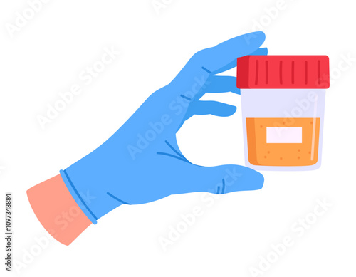 Doctor hand holding sample jar. Medical worker hold plastic urine sample jar flat vector illustration. Cartoon medical equipment in doctors hand